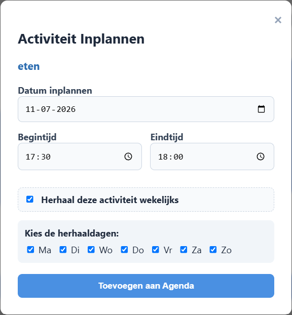 Handmatig inplannen pop-up met datum en tijden